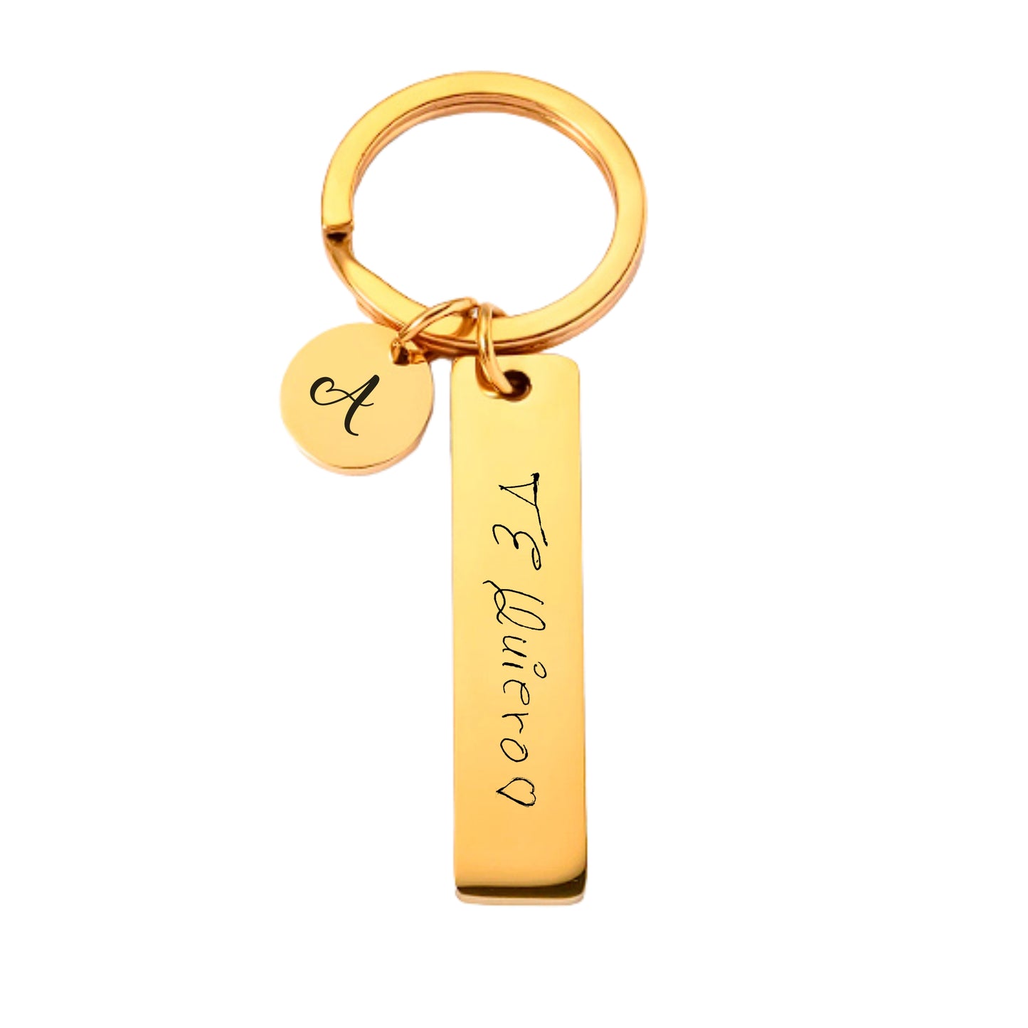 Llavero rectangular dorado con letra manuscrita