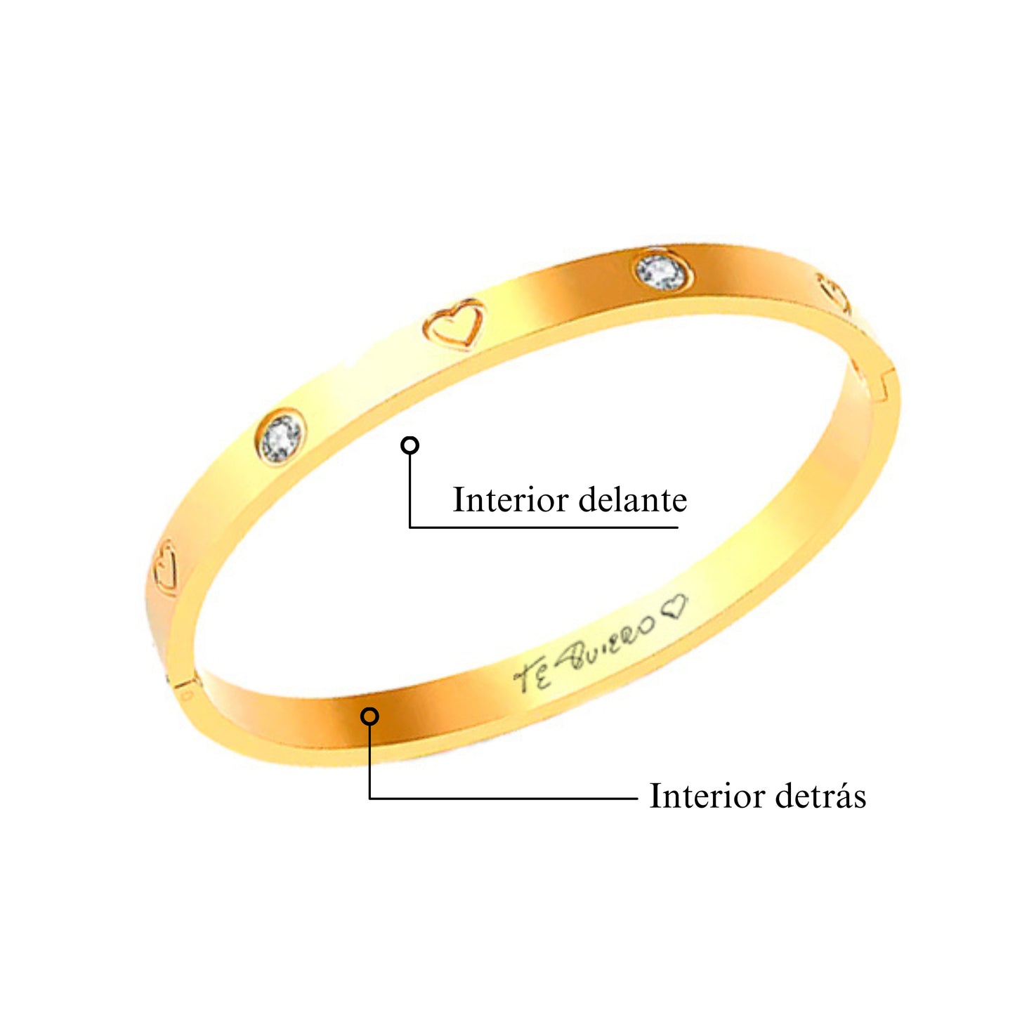 Pulsera corazones dorada con letra manuscrita