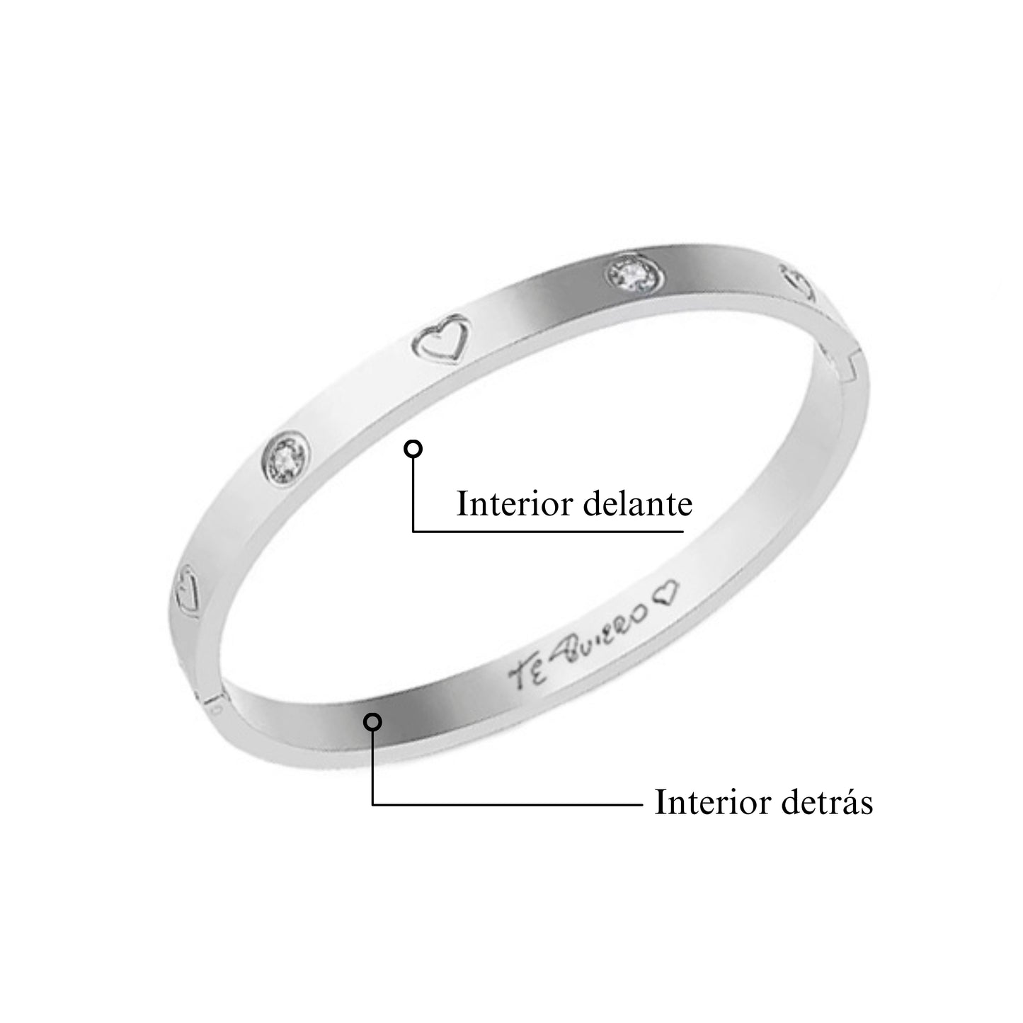 Pulsera corazones plateada con letra manuscrita