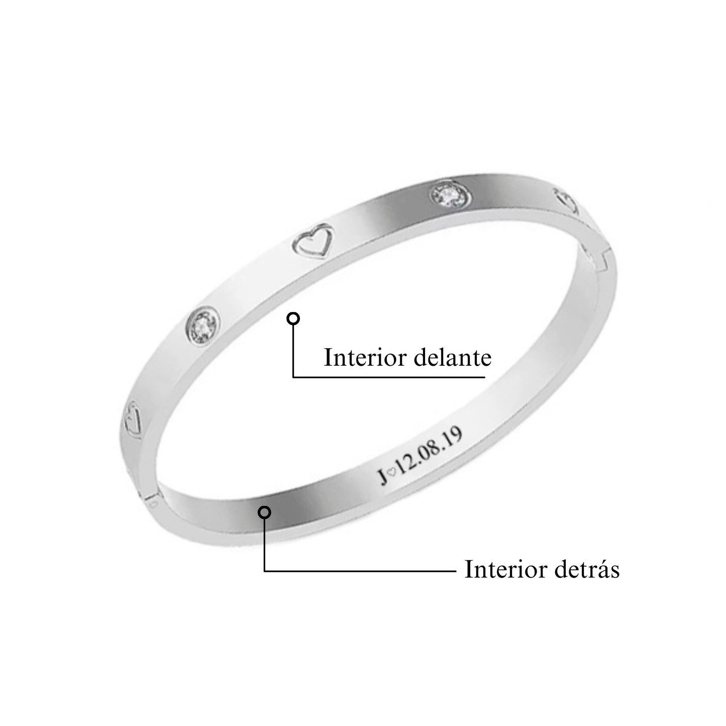 Pulsera corazones plateada con texto personalizado (Boda)