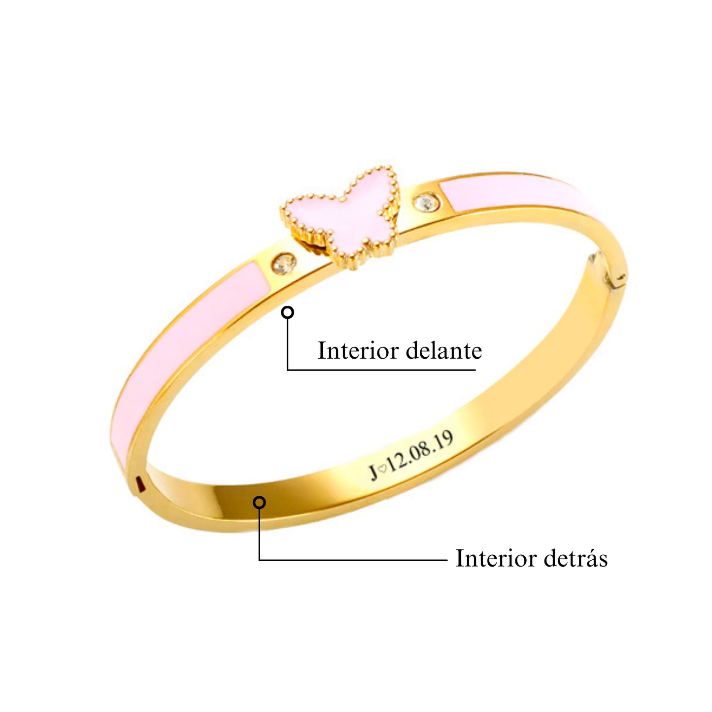 Pulsera mariposa rosa con texto personalizado