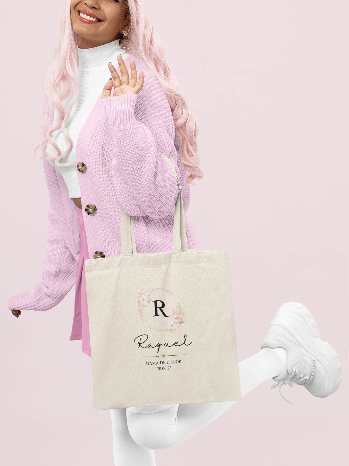Tote Bag Beige Dama de honor Inicial flores