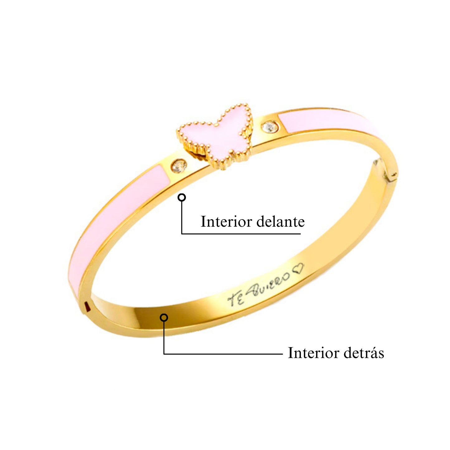 Pulsera mariposa rosa con letra manuscrita