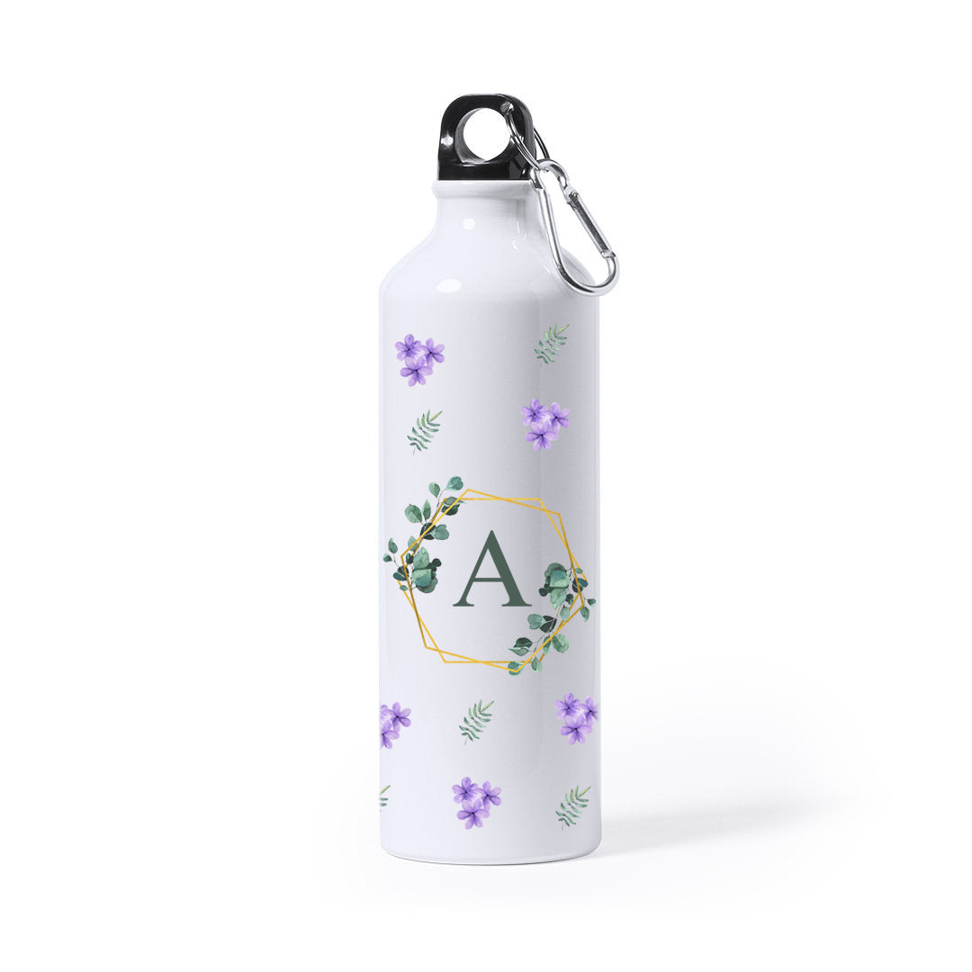 Botella/bidón con estampado de flores color lila con Inicial