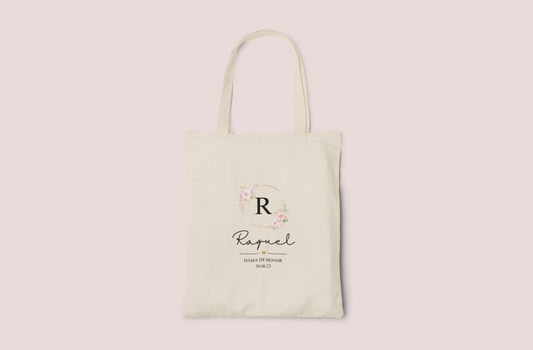 Tote Bag Beige Dama de honor Inicial flores