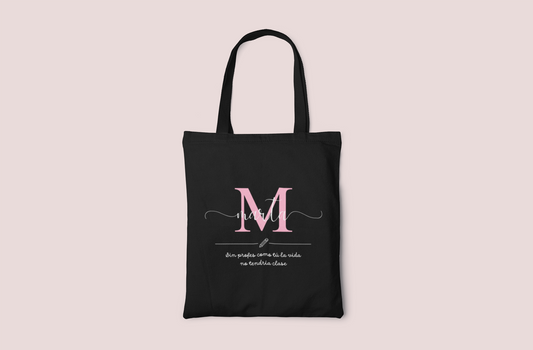Tote Bag Negra Profe Inicial + Nombre
