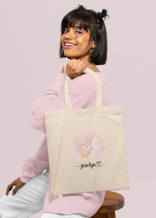 Tote Bag Beige Inicial Flores Pink